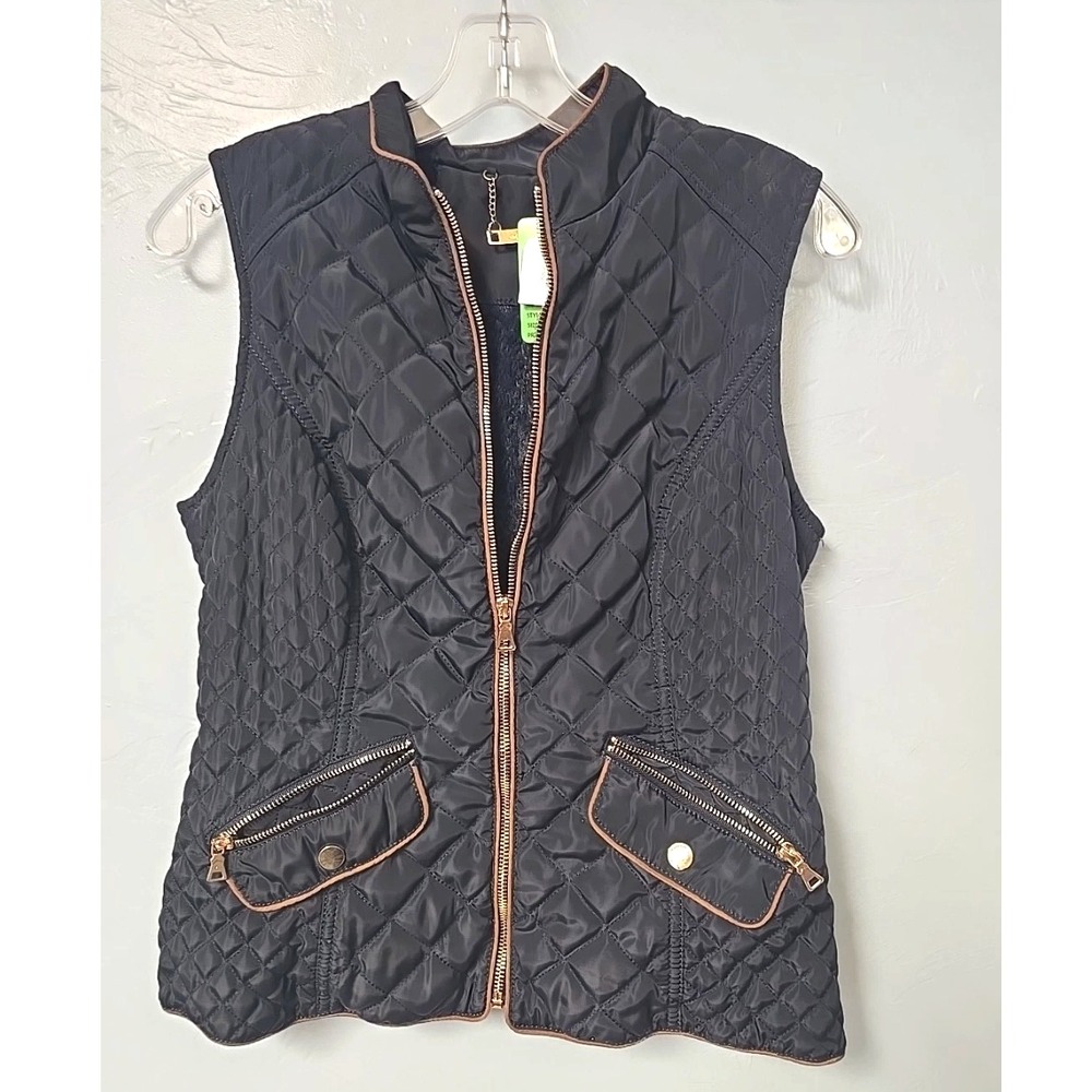 LA Coalition Quilted Vest Faux Fur Lined Black Gold Trim Zip Pockets Women's XS